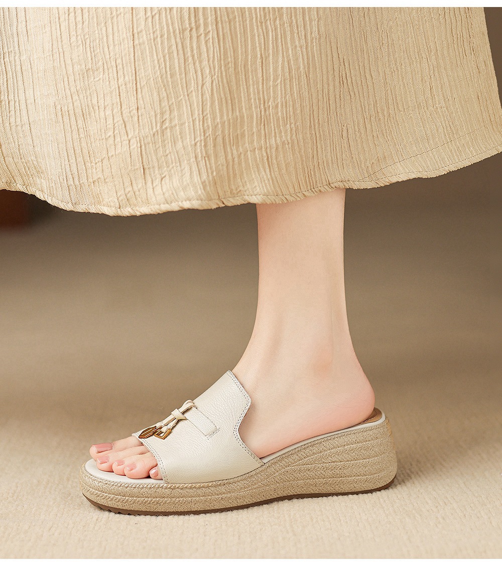 Dép sandal nữ xỏ ngón đế bệt da dê đế dày mùa hè — màu trắng ngà chi tiết 19