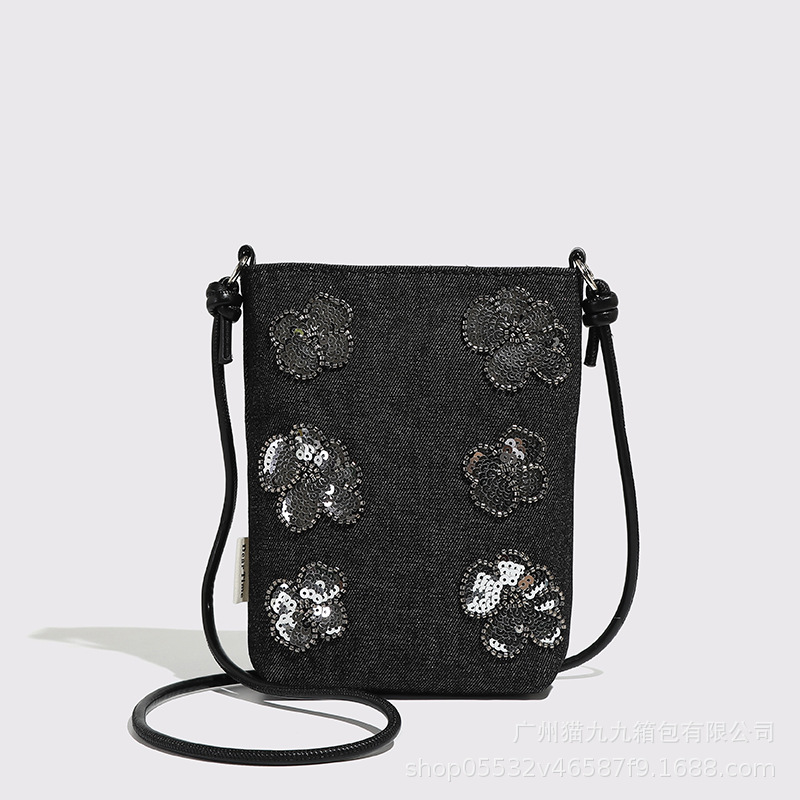 Sequin Embroidered Flower Denim Small Bag for Women 2026 Summer New Casual Versatile Mobile Phone Bag Single Shoulder Crossbody Bag