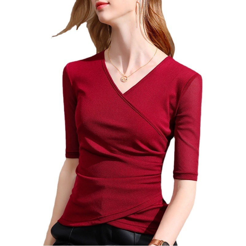 Camisa de fondo de malla para mujer primavera y otoño 2025, nueva camiseta europea de manga media con cuello en V cruzado para mujer, top interior de manga de cinco cuartos image 1