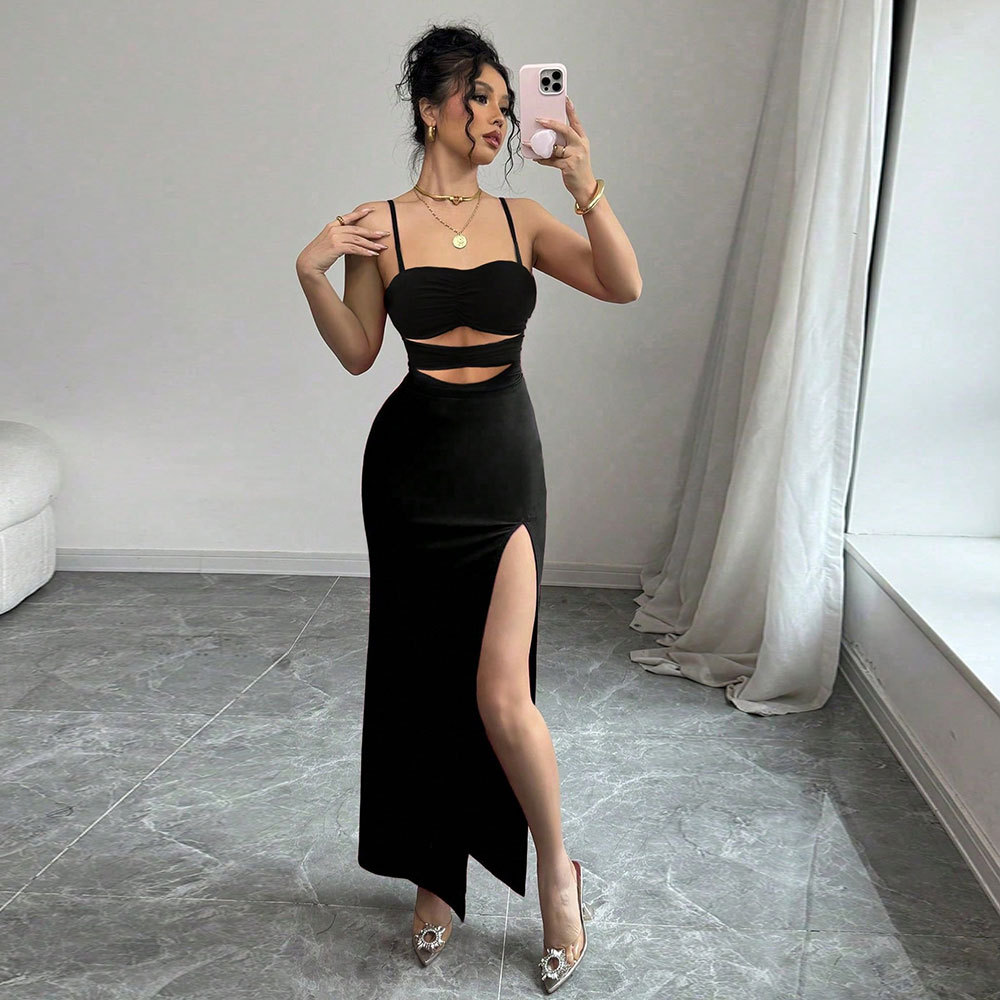 Lace Cutout Sexy Maxi Dress for Women Elegant Black Sleeveless Summer Style Perfect for Parties and Events