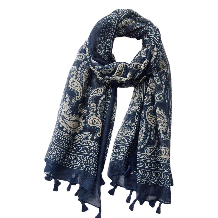 Cuatro Estaciones versátil bufanda decorativa larga mantón aire acondicionado Yunnan Tíbet Lijiang azul púrpura anacardo impreso algodón y lino bufanda