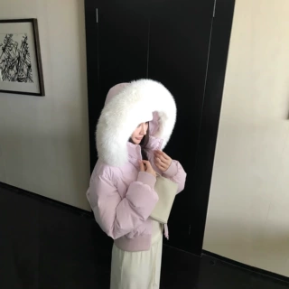 羽绒服女短款90白鸭绒狐狸大毛领收腰加厚保暖小个子冬装连帽