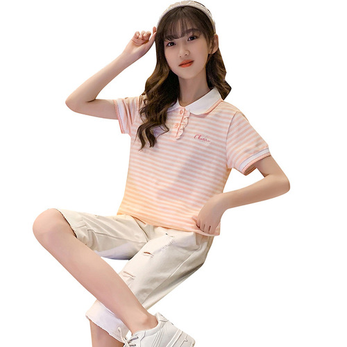 女童夏季短袖POLO衫上衣翻领棒球服网球服棉质中大童条纹衫运动潮