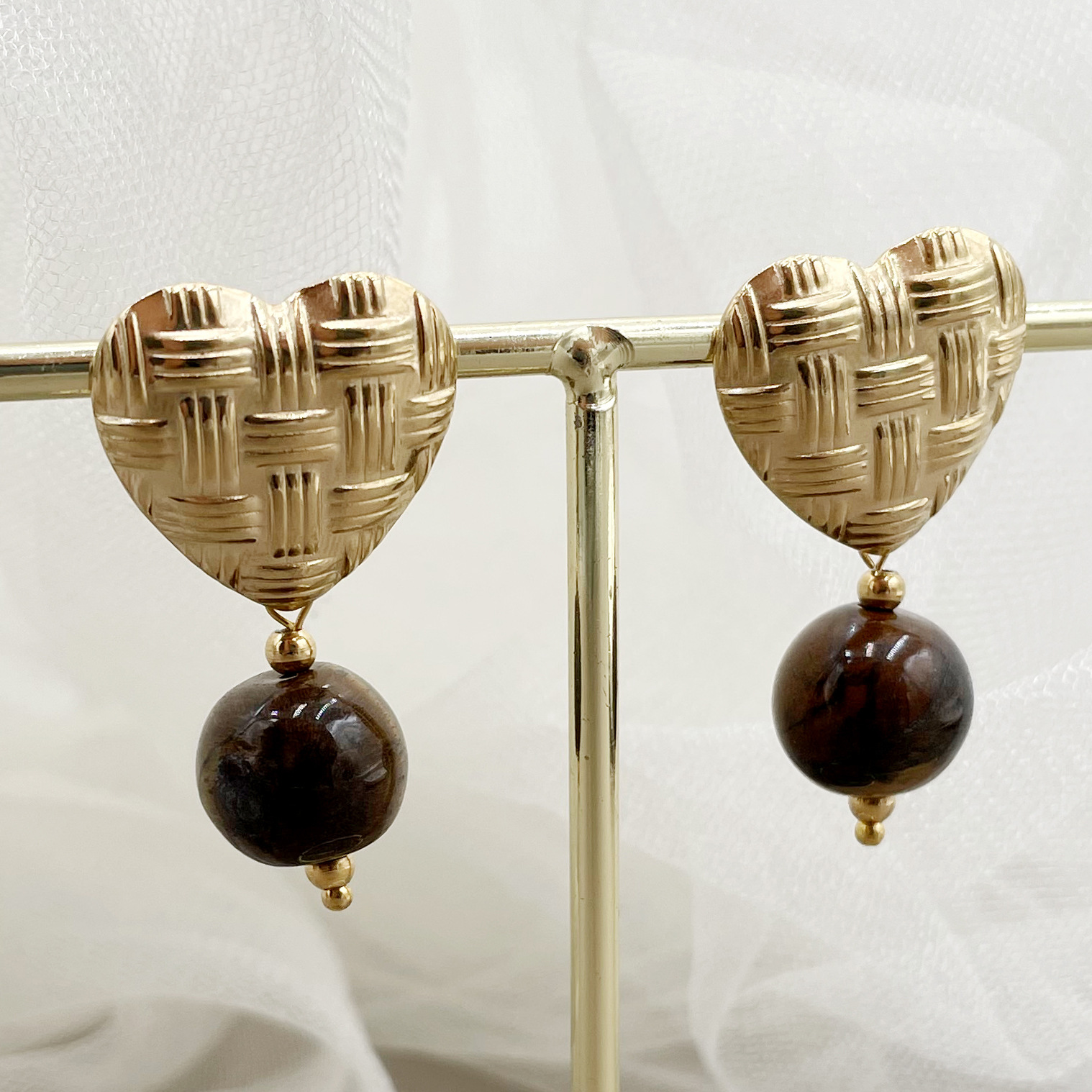 Retro Heart Shape Stainless Steel Beaded Plating Drop Earrings 1 Pair