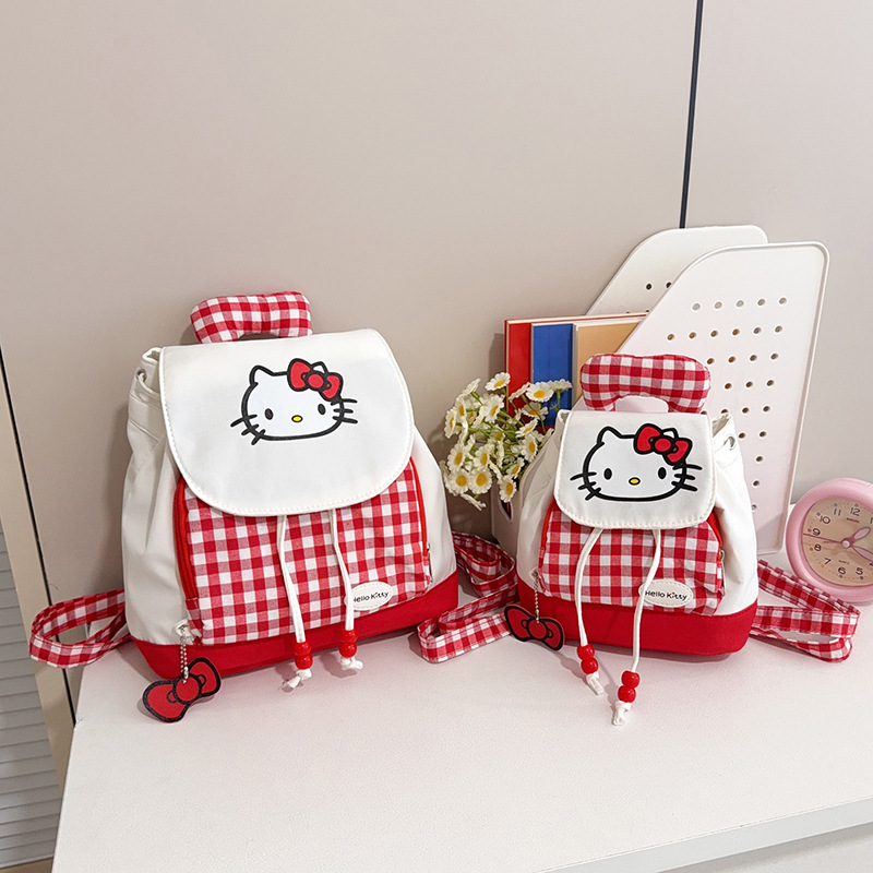 2026 New Plaid Print Backpack for Women, Large Capacity Kitten Drawstring Storage Bag, Girl's Travel Backpack for Outings