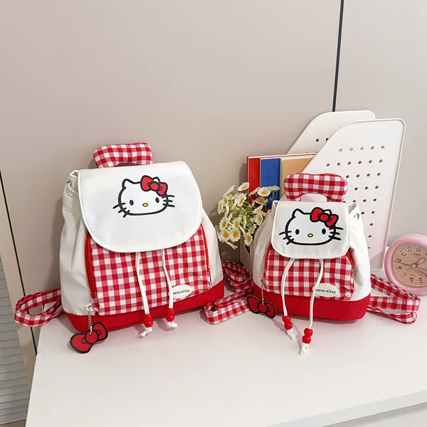 2026 New Plaid Print Backpack for Women, Large Capacity Kitten Drawstring Storage Bag, Girl's Travel Backpack for Outings