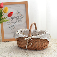 藤编野餐水果篮手提收纳篮坐月子鸡蛋篮柳编织菜篮带内衬购物篮子