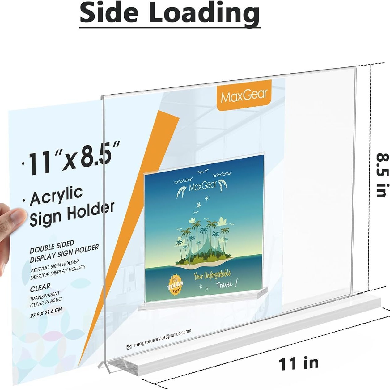 Acrylic logo stand horizontal 2-piece, double-sided display stand, holder flyer menu stand
