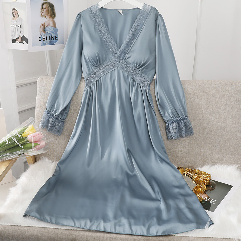 A generation of hair nightgown women's summer ice silk sexy V-neck hollow lace long silk nightgown pajamas
