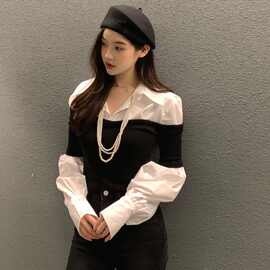 韩国chic复古洋气翻领时尚百搭设计感小众单排扣衬衫短款上衣女