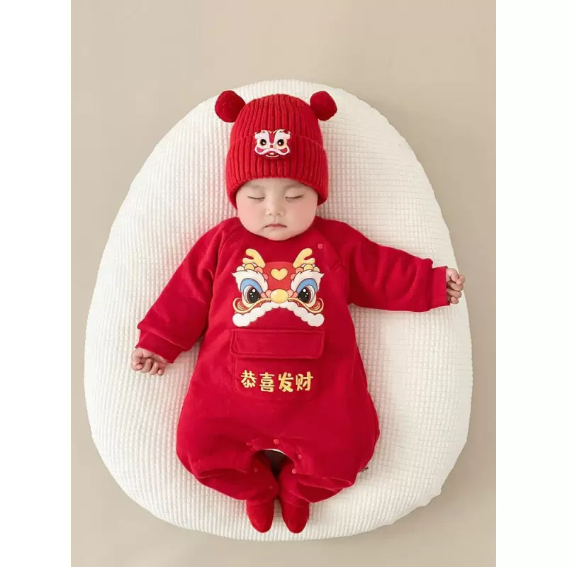 过年拜年喜庆红新生婴儿宝宝衣服连体衣哈衣爬服百天秋冬加绒加厚