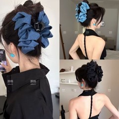 韩版牛仔蓝褶皱泡泡抓夹女2025新款后脑勺显发量鲨鱼夹蝴蝶结发夹