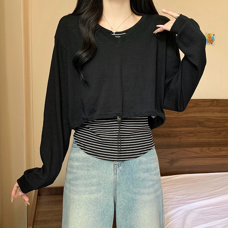 大码女装2025秋季新款胖mm韩版减龄条纹背心短款抽绳连帽上衣套装|undefined