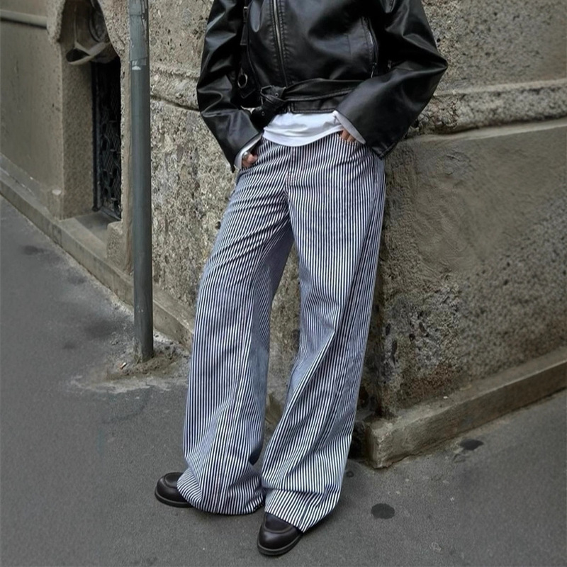 Cross-Border European and American Women's Navy Striped Jeans 2025 Casual Elegant Commuter Straight Pants Mid-Waist Jeans