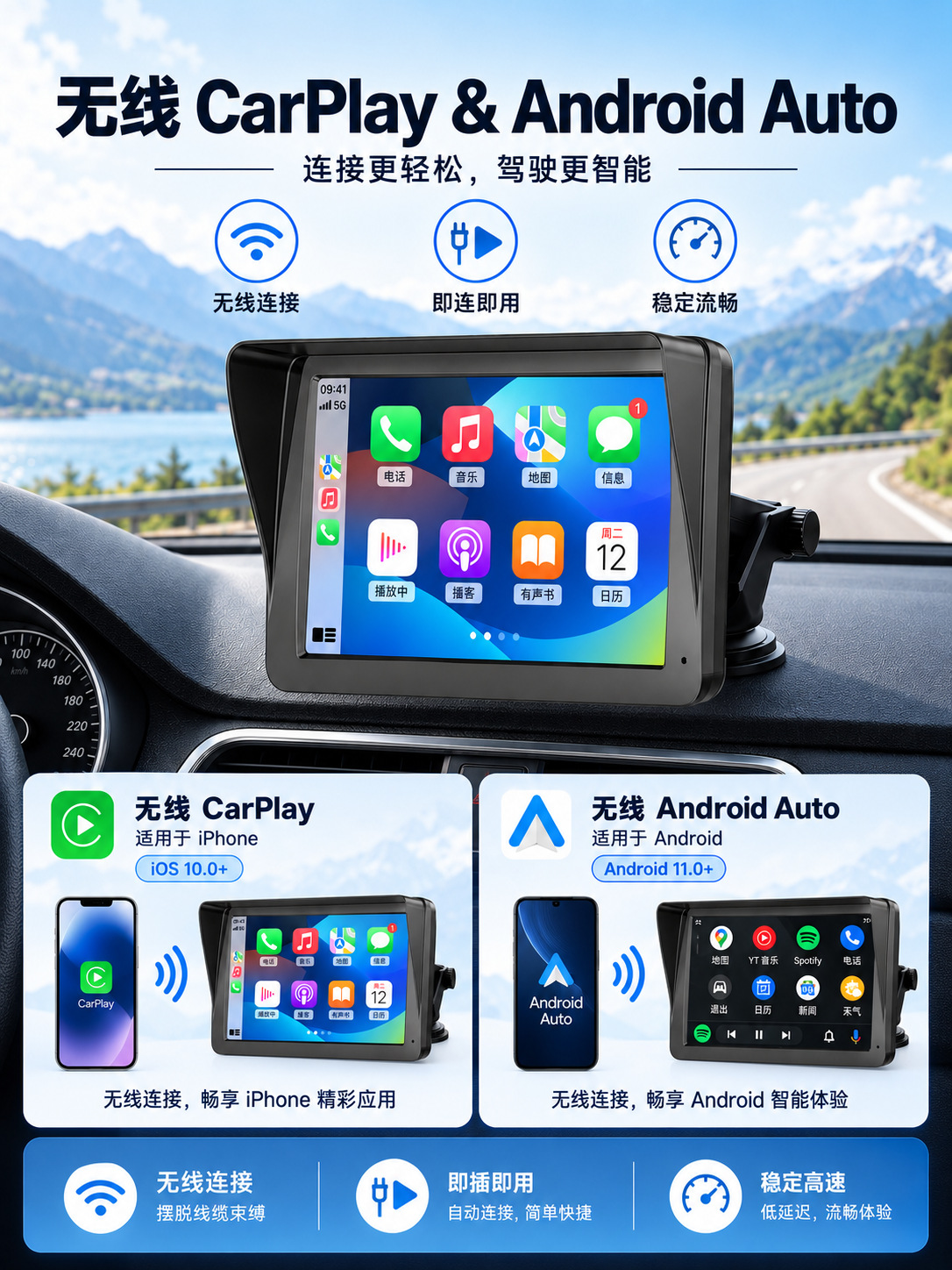 7inch Portable Car MP5 CarPlay Android Auto Mobile Connectivity Rearview Camera Central Control Screen