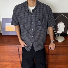 美式复古格子短袖衬衫男女夏季2026潮宽松休闲翻领撞色高级感衬衣
