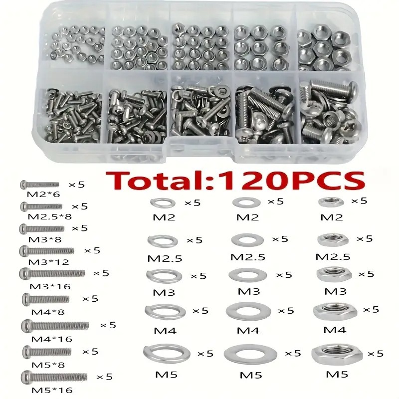 120pcs盒装圆头十字螺丝螺栓螺母垫片组合套件M2M2.5M3M4M5