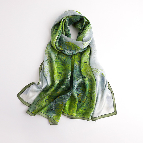 Green pastoral style mulberry silk high-end silk printed thin long scarf temperament silk scarf shawl dual use for mom