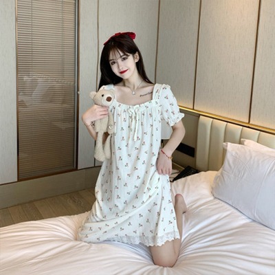 summer new pattern Floral skirt pajamas Easy Mid length version Nightdress wechat Business lovely Home Furnishings One piece On behalf of