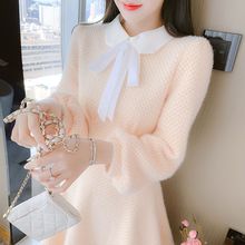 小香风毛呢连衣裙女秋冬装加厚新款初恋灯笼袖内搭打底冬裙潮