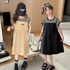 女童夏裝連衣裙2024新款洋氣韓版女大童假兩件條紋兒童夏季裙子潮