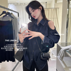 【柠檬绿茶】1129蓝色手记｜美式复古经典百搭漏肩牛仔衬衫