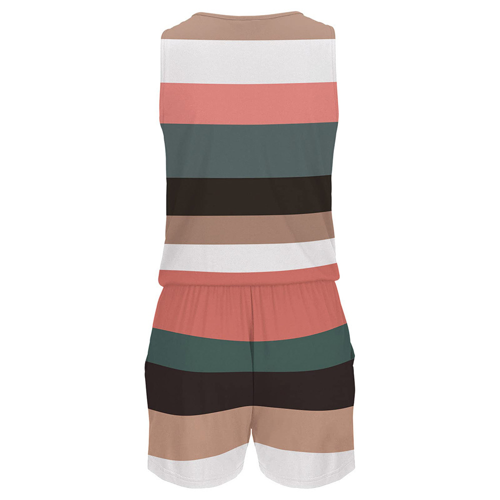 2023 verano nuevo Amazon Venta caliente rayas color a juego impreso de una sola pieza pantalones cortos sin mangas cremallera cuello en V mono