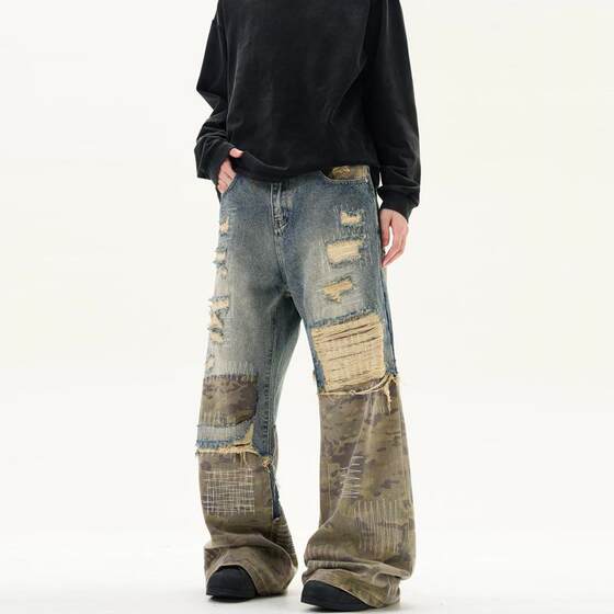 American-style Washed Disorderly Needle Embroidery Ripped Denim Spelling Camouflage Destruction Cat Whare Wide Leg Jeans Men's 2024 vibe Style