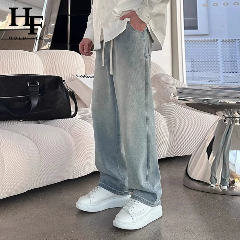 2025 новые джинсы модные эластичные универсальные свободные повседневные ретро драпированные прямые широкие брюки
