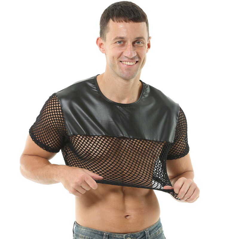 Men's T-Shirt Sexy Imitation Leather Fishnet Cut Out See-Through Mesh Showing Muscle Sports Breathable Short-Sleeved Bar Performance