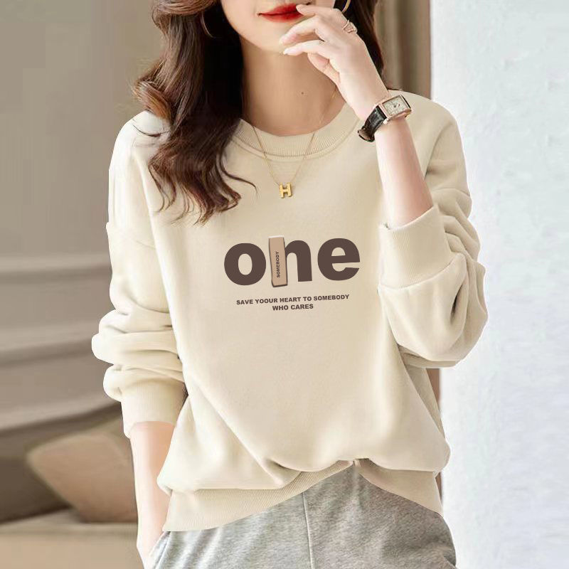 high quality Chinese Cotton Round Neck fleece-lined Thickened Sweatshirt Women's Autumn and Winter Letter Printing Simple Loose Couple's Top Jacket
