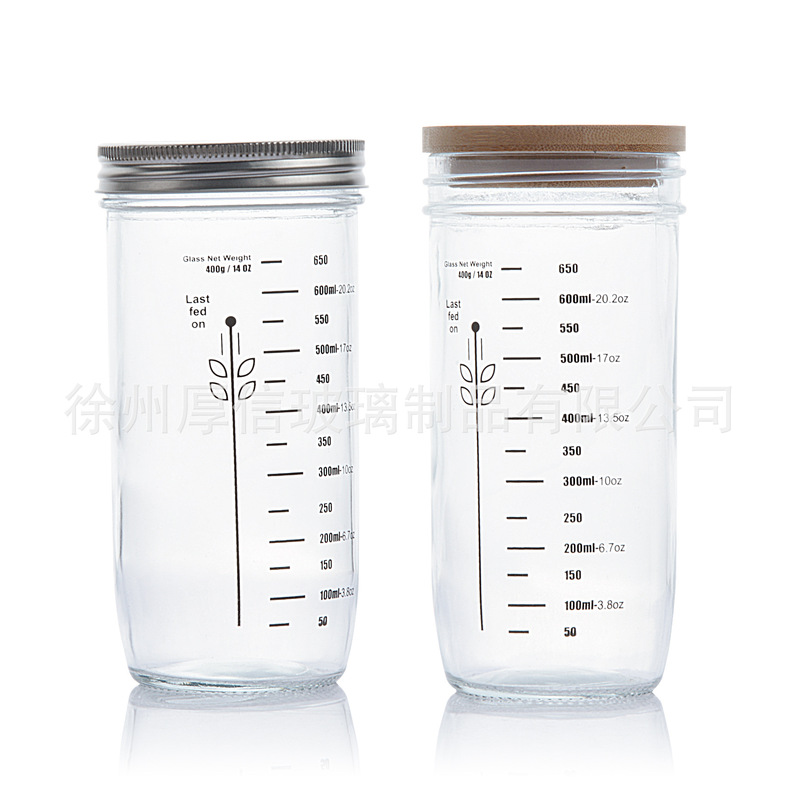 Cross-border hot sale 24oz sour bread fermented glass jar Mason scale water Cup Boba Cup bamboo wood cover iron cover
