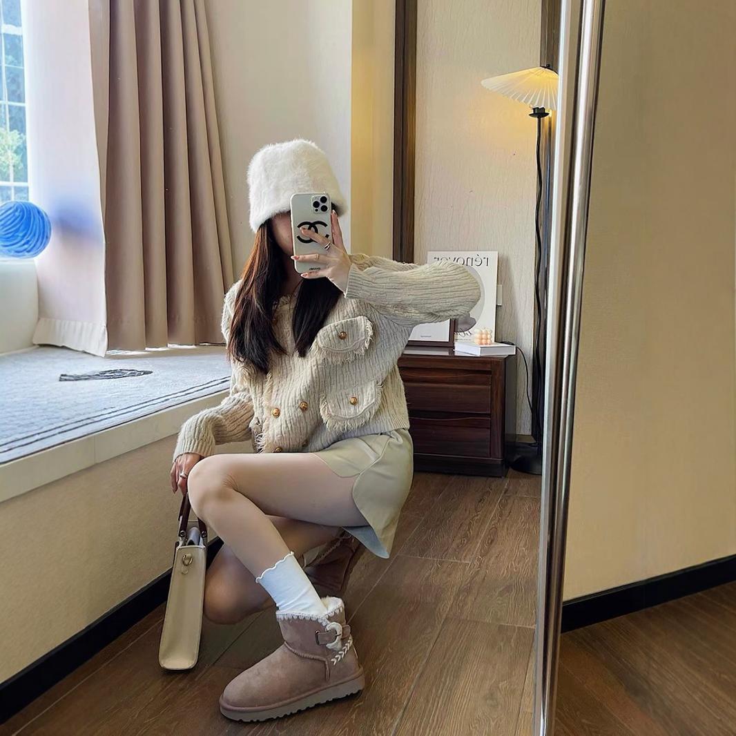 2025年冬新作 ファー一体型編み込みバックル付き厚底ウールブーツ ショートコットンシューズ 保温スノーブーツ レディース