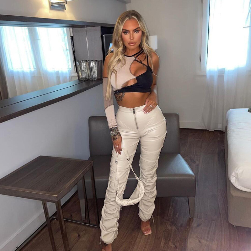 High Waist Pleated Slim Beam Feet Pu Leather Trousers NSYOM111866