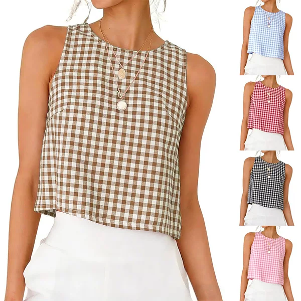 European and American Cross-Border Amazon Independent Site 2026 Summer New Women's Button-Down Round-Neck Sleeveless Plaid Short Vest