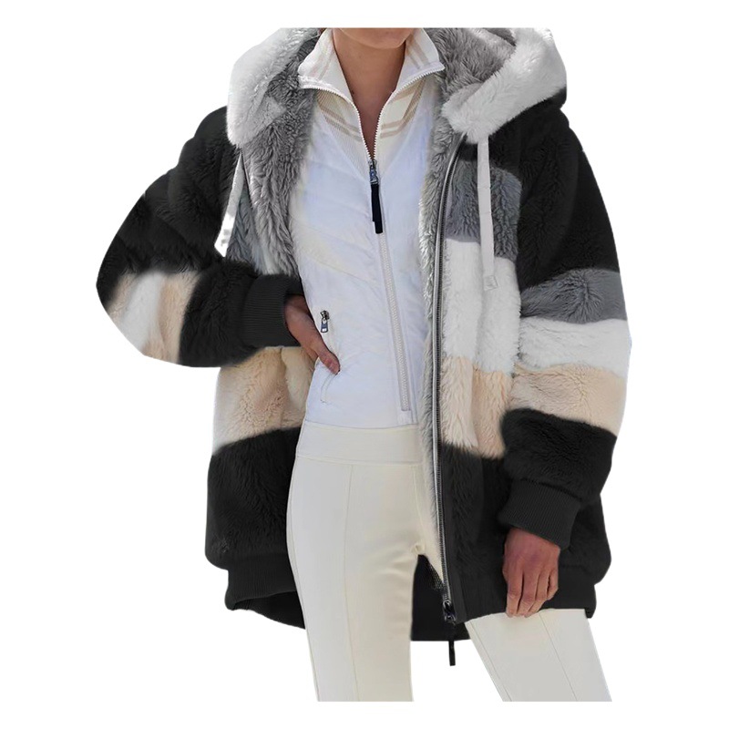Cross-Border Amazon Hot-Selling European and American 2025 Autumn and Winter Warm Plush Patchwork Zipper Flap Pocket Pants Hooded Loose Outwear for Women