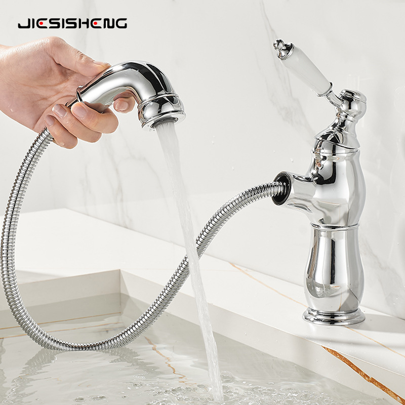 French Retro Copper Basin Extraction Faucet Toilet Bathroom Cabinet Ceramic All-in-One Basin Splash-proof Faucet