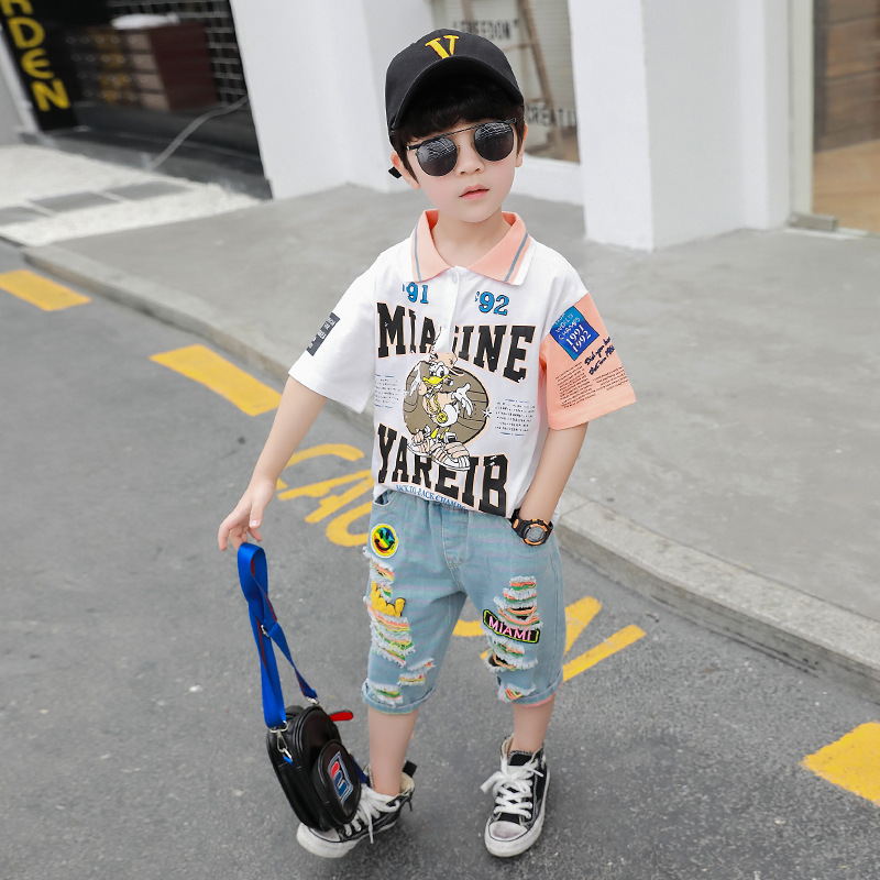 Boy suit Summer wear new pattern Cartoon alphabet Set of parts children Short sleeved Denim jacket Children shorts Children's clothing