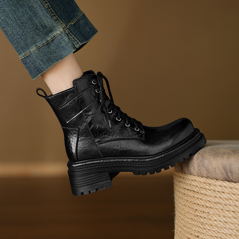 Boot Martin nữ gót dày buộc dây đế tăng chiều cao phong cách Maillard thu đông 2025 — Lớp lót nhung đen, Nhung nâu, Lớp lót đơn màu đen, Lớp lót đơn màu nâu