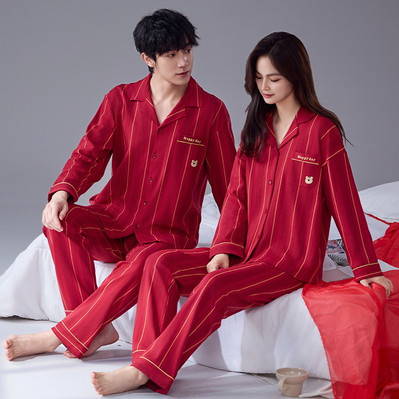 Pijama de algodón femenino primavera y otoño manga larga suelta boda recién casada festiva ropa de casa de hombre rojo pareja dos conjuntos