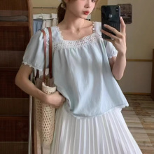 蕾丝花边拼接方领短袖衬衫女夏韩系宽松显瘦时尚百搭娃娃小衫上衣