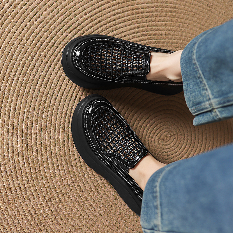 Giày sandal cao gót nữ hở mũi đế dày da thật mũi tròn phong cách lười — màu đen, màu trắng ngà