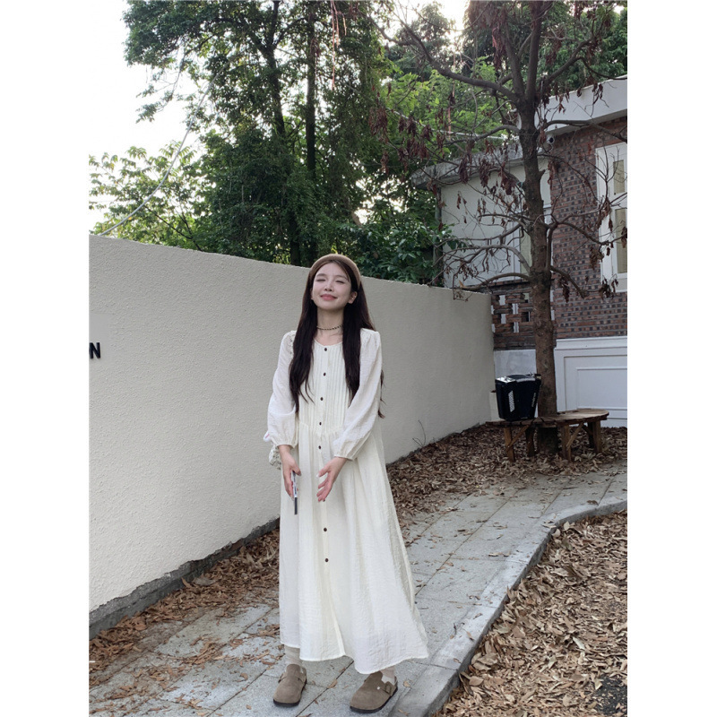 韓国風プリーツ長袖ドレス女性のための春と秋 2025 新しいデザインハイウエストルーズロング A ラインスカートトレンディ|undefined