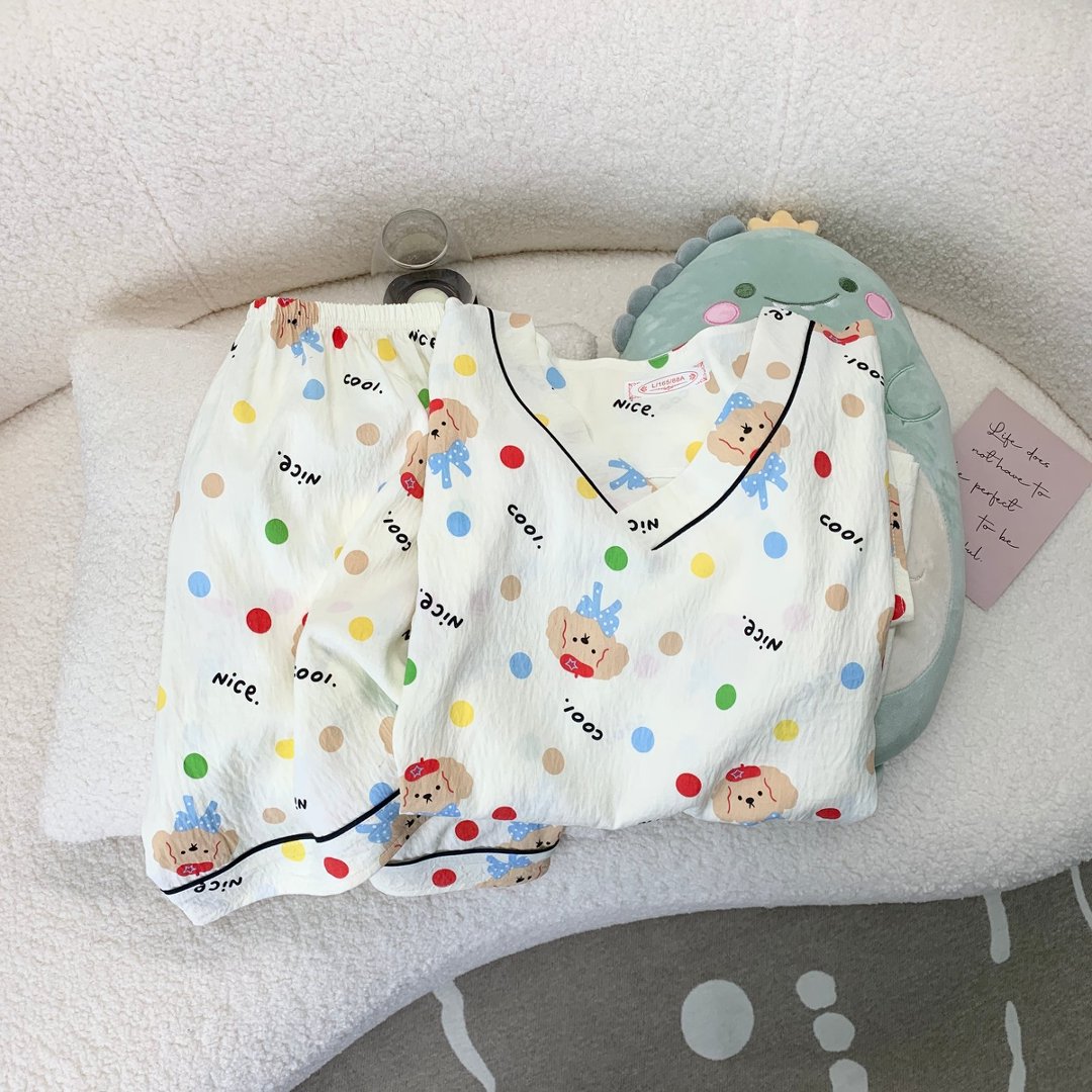 Al por mayor transfronterizo nuevo pijama dulce de verano nubes de algodón impresión de dibujos animados de cuello V hoodie set de ropa para el hogar