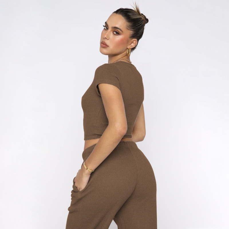 Spring Summer Solid Color Waffle round Neck Short Sleeve Women Clothing Casual Trousers Sets