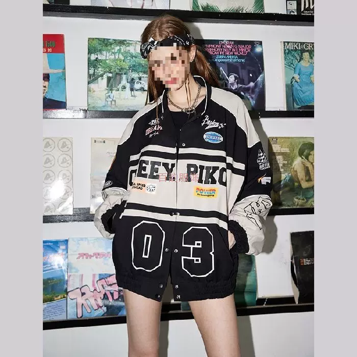 春秋款美式复古字母印花个性机车棒球服外套街头风赛车夹克情侣款