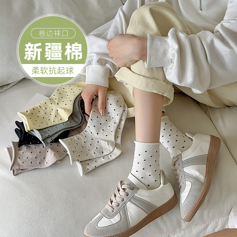 靴下 ミドル丈 水玉模様 ロールアップ 夏用 綿靴下 吸汗 防臭 日本風 万能 INS風 シンプル 学生 ロングソックス|undefined