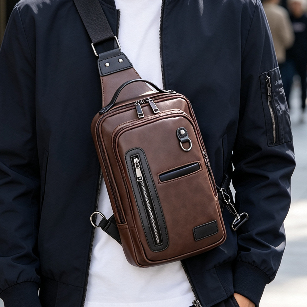 Bolso de Pecho de Cuero para Hombre de Cuero PU Resistente al Desgaste para Uso Diario