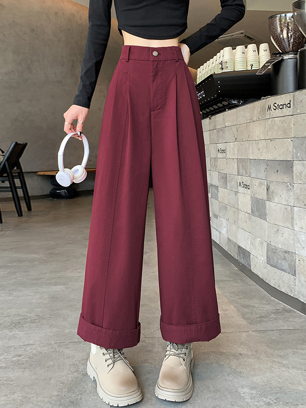 カーキ色のワイドパンツ女性2025年新作春ハイウエストで痩せています。|undefined