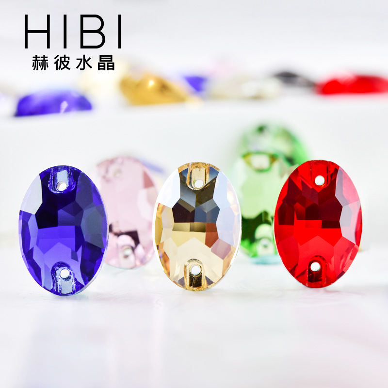 跨境新款平底椭圆手缝钻双孔旦形平扣手缝石高端水晶服饰配件批发